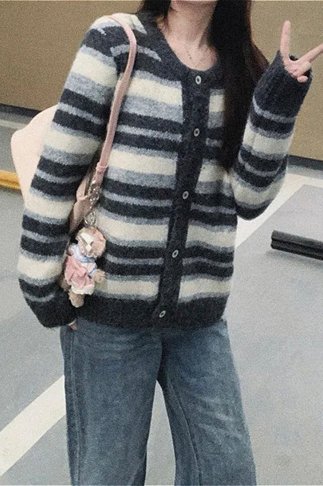 Retro Stripe Color Block Loose Slim Crew Neck Knit Cardigan image 3