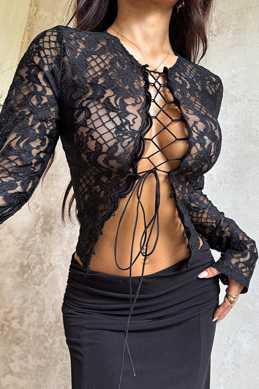 Y2K Retro Lace Up Sexy Lace Blouse image 3