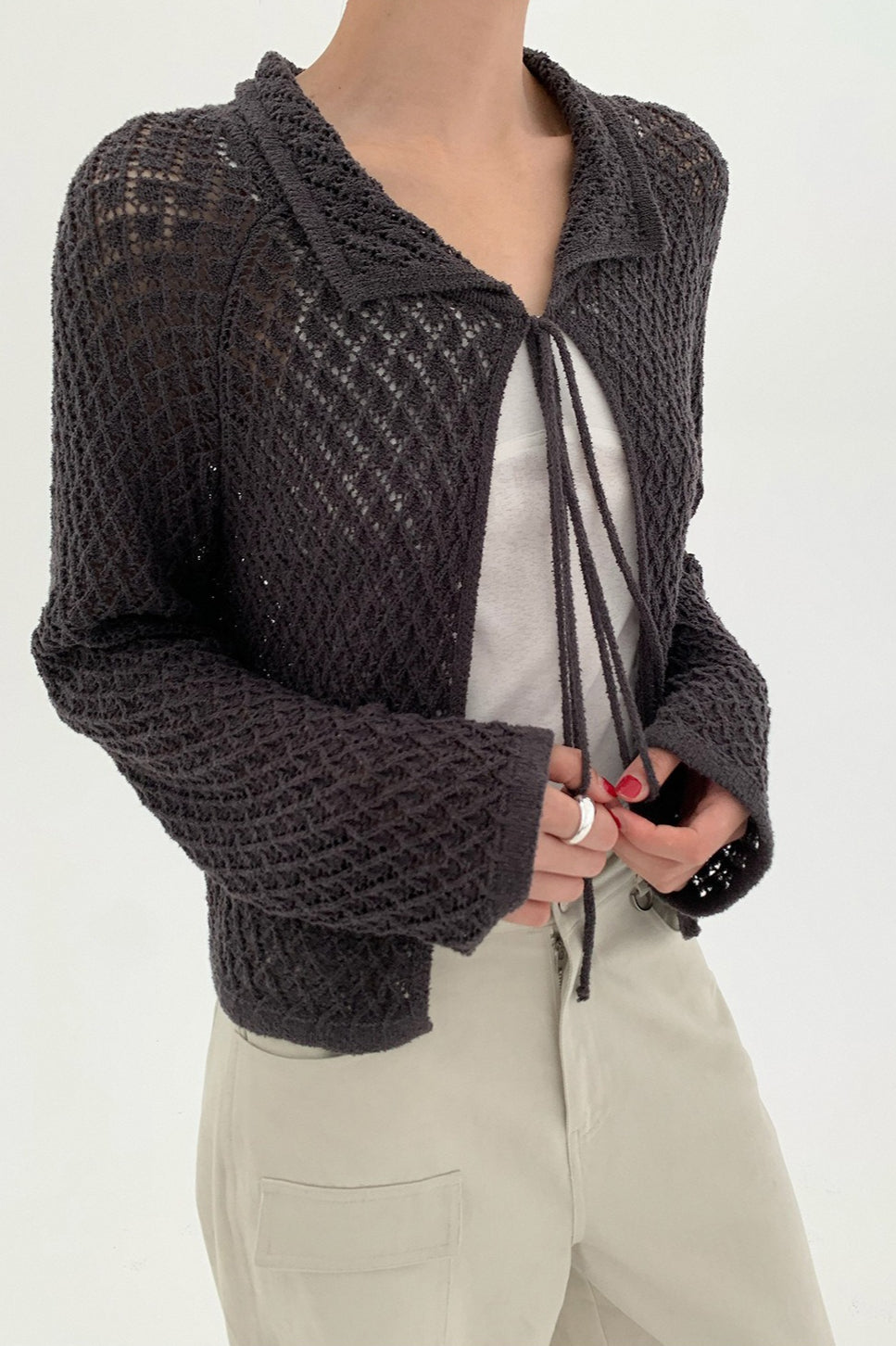 Hollow-Out Collared Tie-Waist Long-Sleeve Short Knit Cardigan image 2