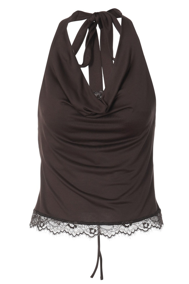 Lace Spliced Cowl Neck Tie Halter Top image 4