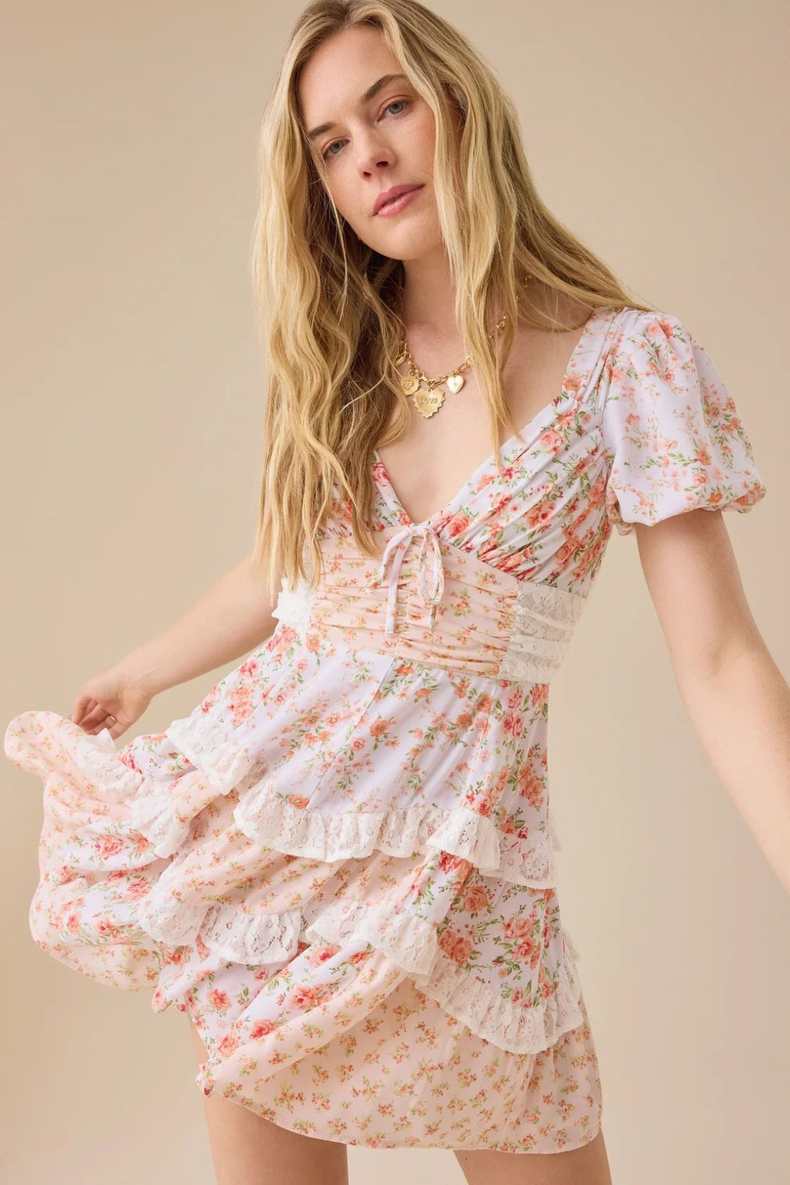 Floral Lace Patchwork V Neck Puff Short Sleeve Mini Dress image 19