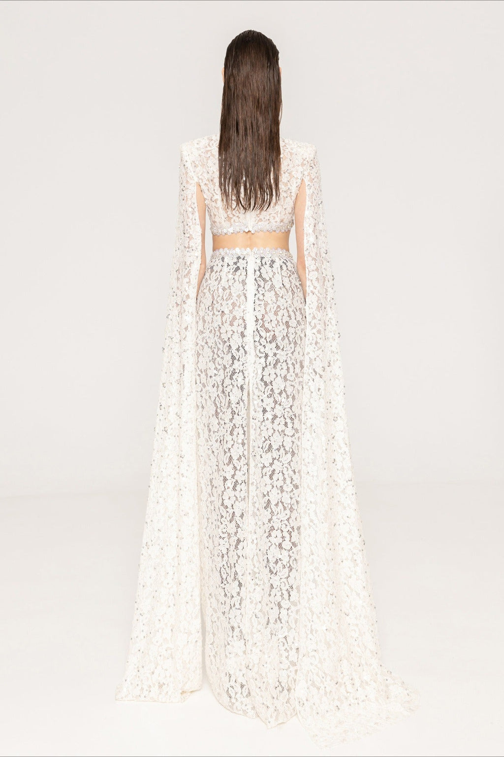 Lace Beaded Sequin Slim Cape Reception Dress image 5