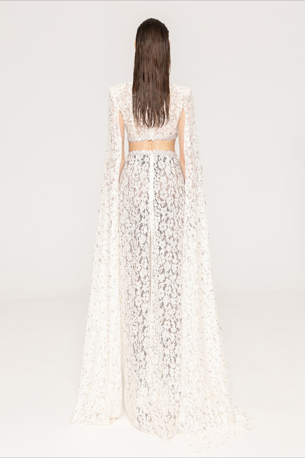 Lace Beaded Sequin Slim Cape Reception Dress image 5