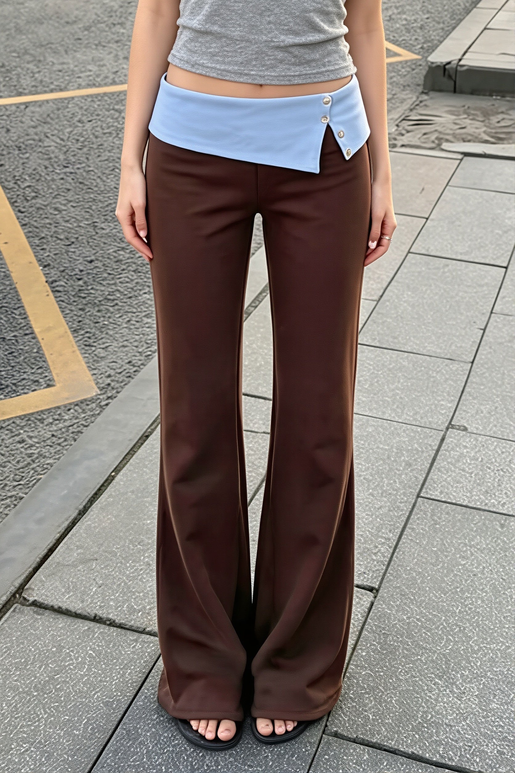 Split Button Fold Waist Knit Pants image 1