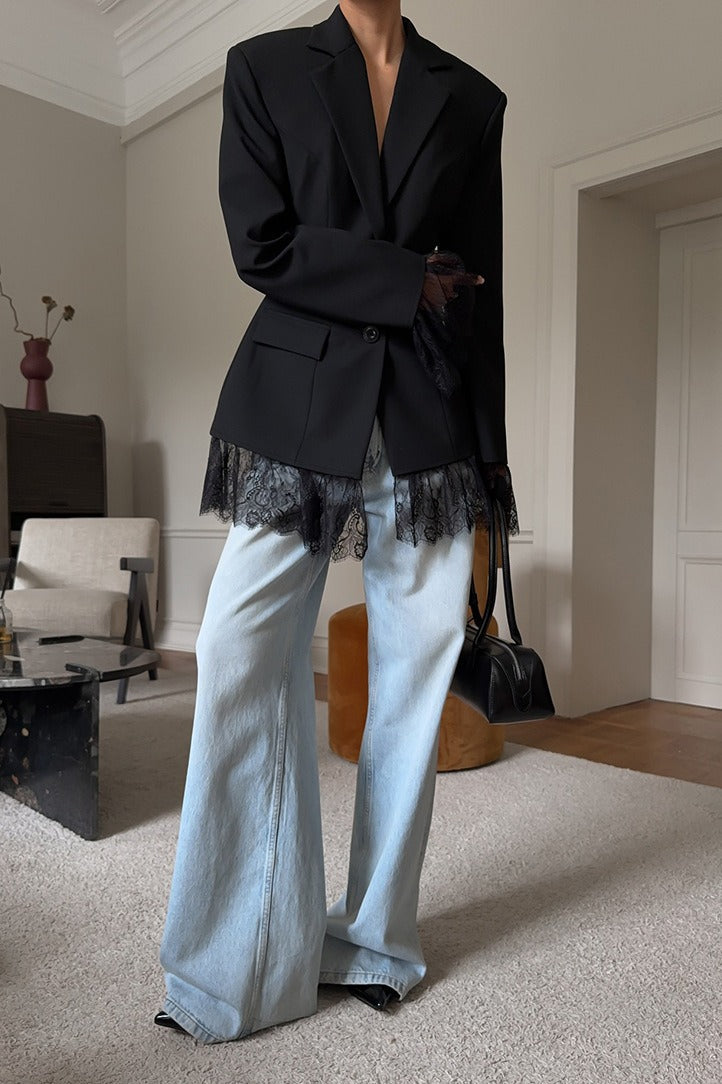 Black Lace Paneled Long Sleeve Waist-Cinched Soft Blazer image 3