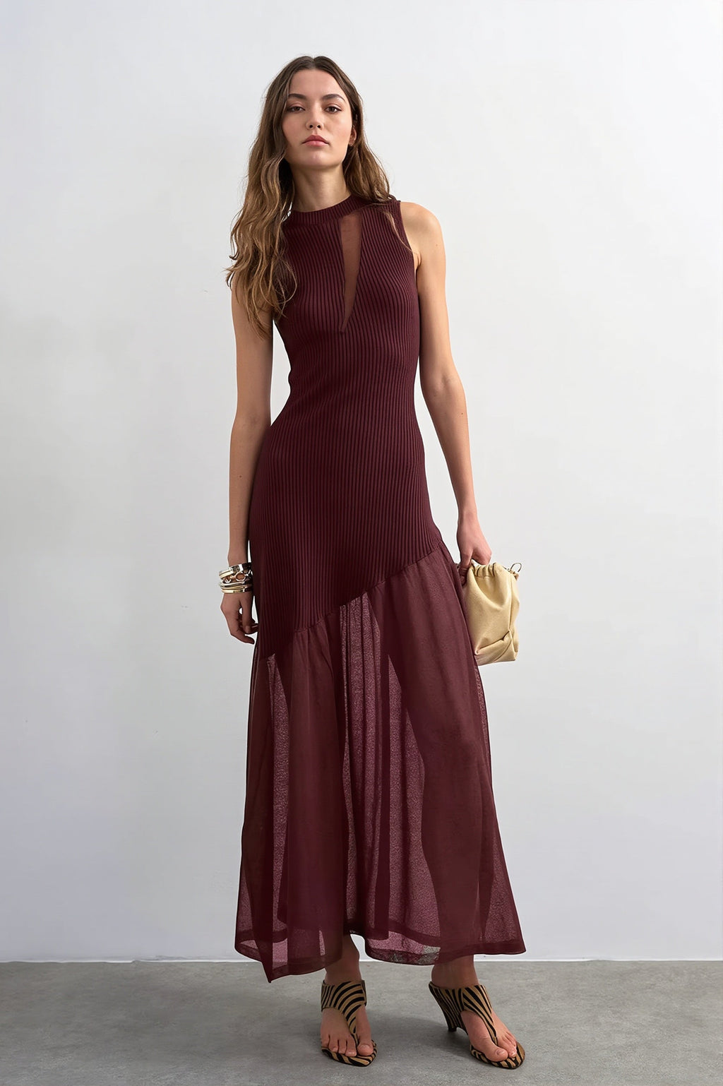 Ribbed Knit Mesh Splice Maxi Dress image 4