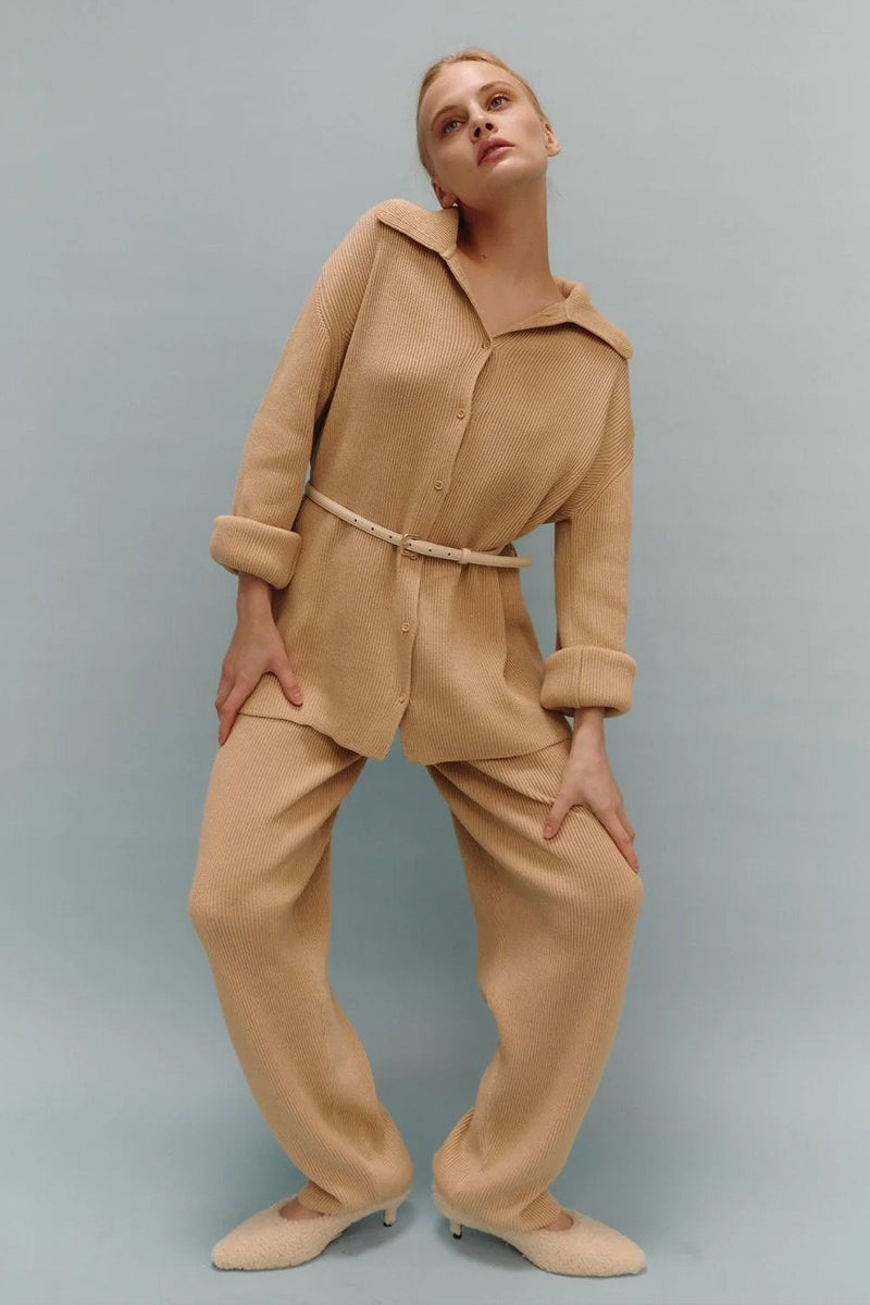 Knit Ribbed Collar Long Sleeve Loose Two Piece Set image 6