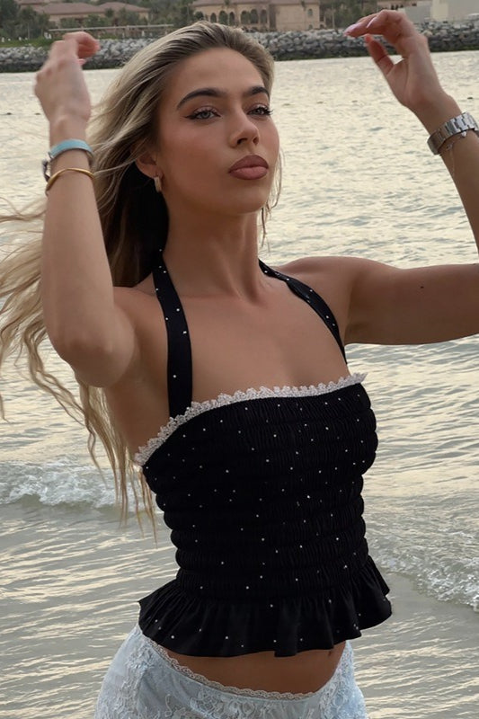 Polka Dot Ruffled Halter Tie Crop Top image 1