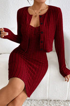 Elegant Solid Slim Crop Cardigan Dress Two Piece Set image 3