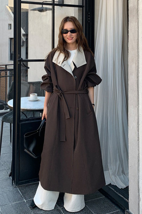 THE MIND British Style Contrast-Collar Long Overcoat image 6