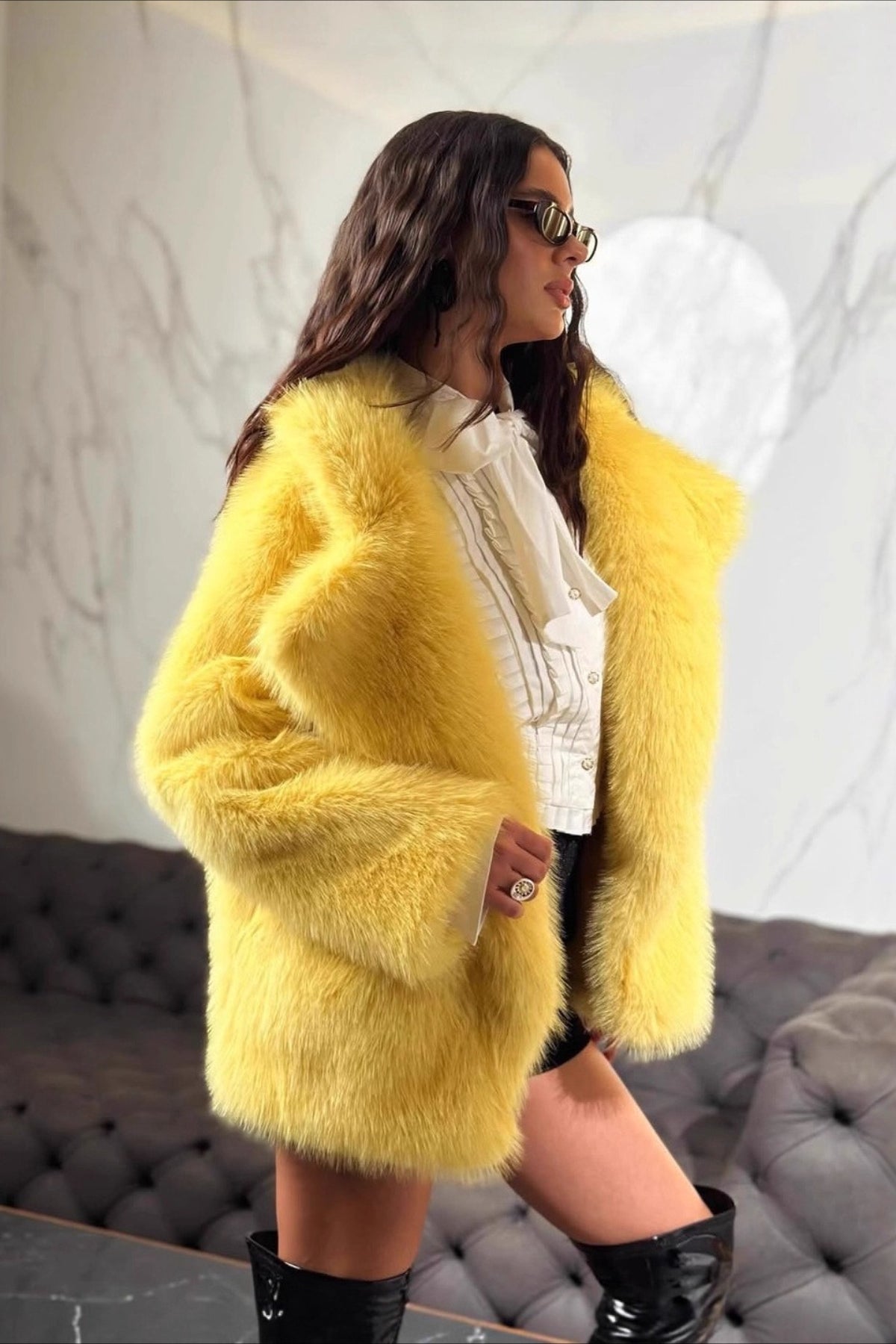 Yellow Faux Fur Open Front Coat image 6