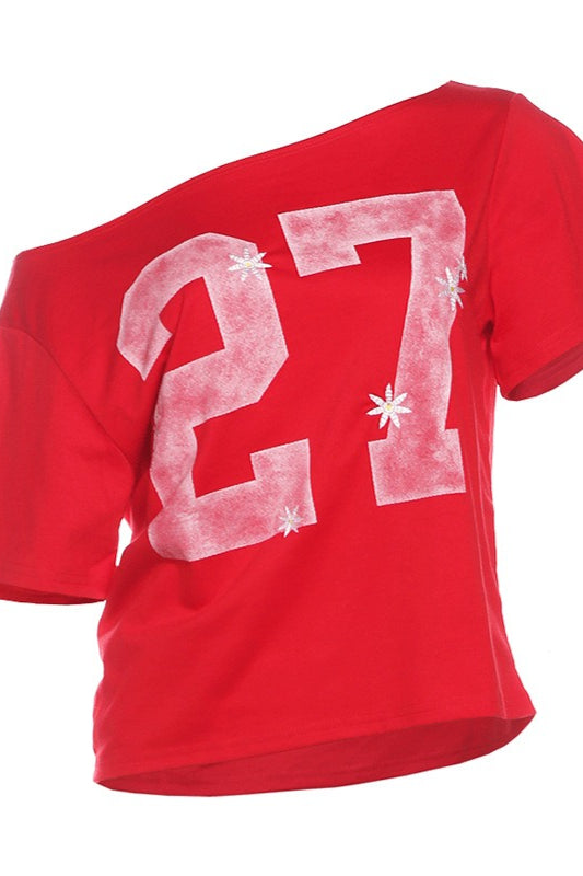 Letter Print Off Shoulder Crop T-Shirt image 5