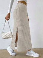 Noemi Ribbed Knit Skirt detail view styled for Avrienne