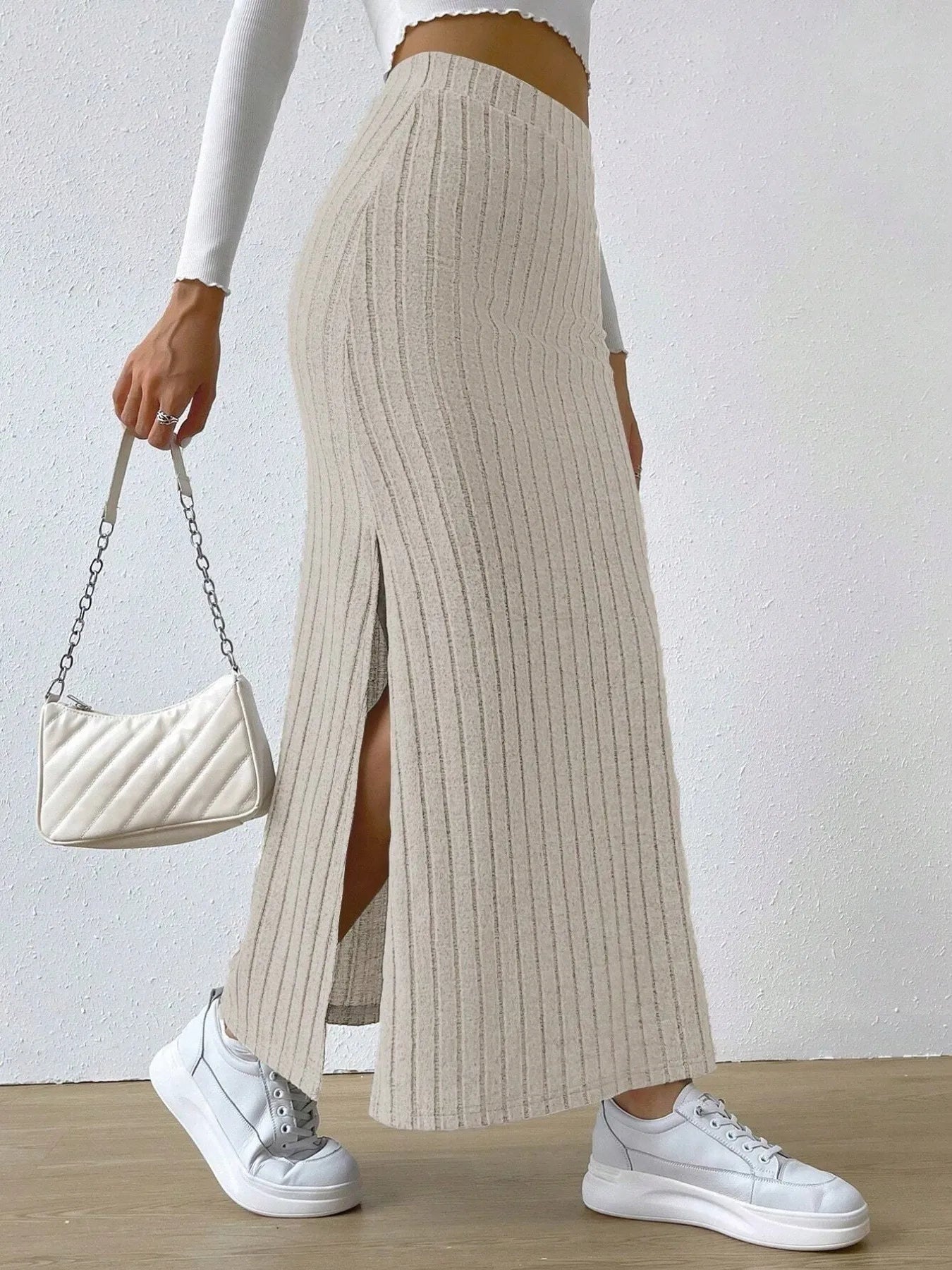 Noemi Ribbed Knit Skirt detail view styled for Avrienne