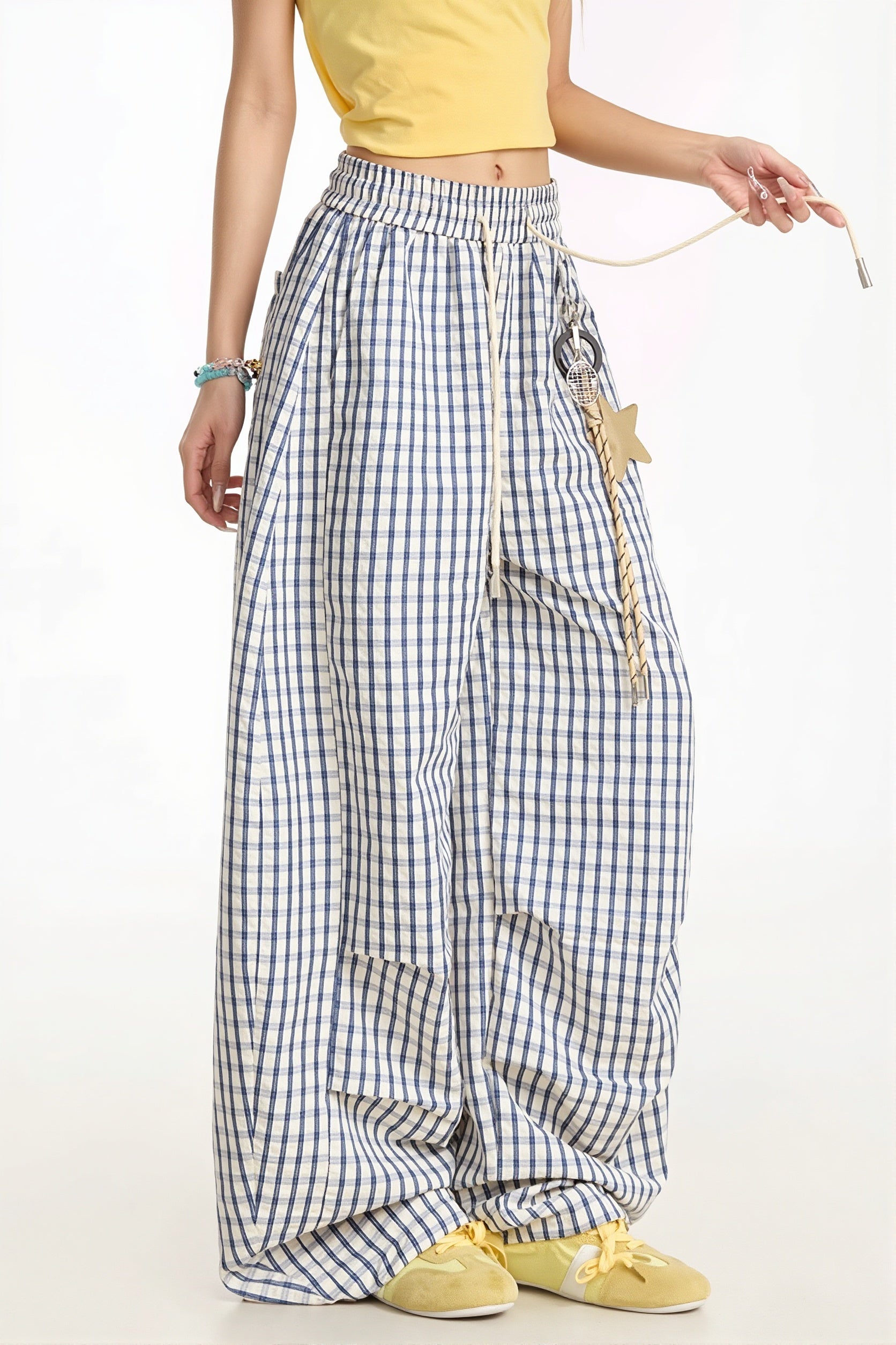 Casual Blue Plaid Curved Pants image 3