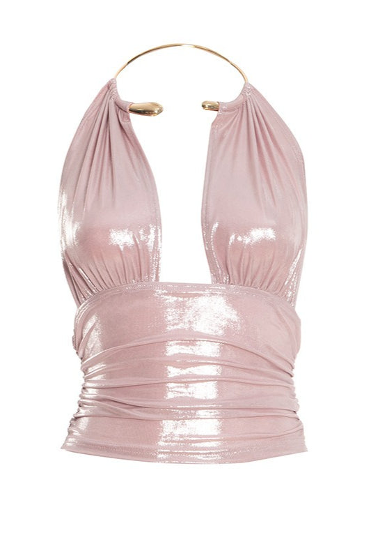 Glossy Metal Ring Backless Halter Top image 8