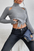 Distressed High Neck Cropped Knit Sweater image 1