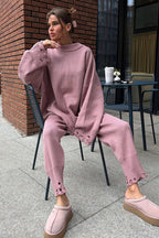 Solid Distressed Knit Crew Neck Sweater Two Piece Set image 11