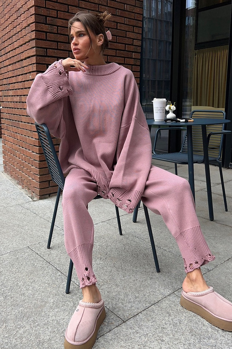 Solid Distressed Knit Crew Neck Sweater Two Piece Set image 11