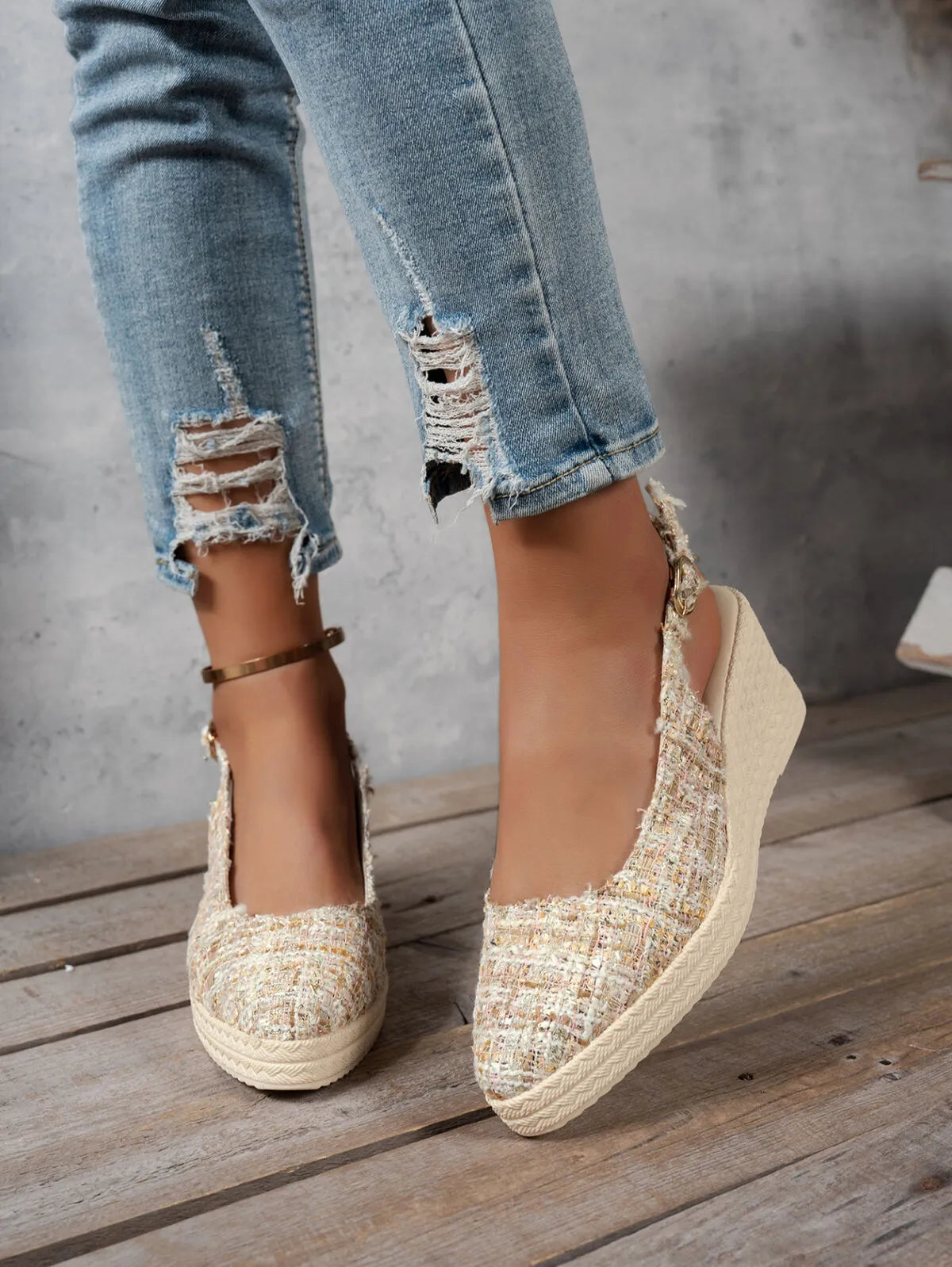 Aurelia Wedge Sandals detail view styled for Avrienne