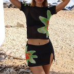 Beach Holiday 2 Piece Floral Print Sheer Mesh Short Sleeve T-Shirt + Mini A-Line Skirt Women Summer Cover-ups Crop Tops Outfits image 3