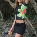 Beach Holiday 2 Piece Floral Print Sheer Mesh Short Sleeve T-Shirt + Mini A-Line Skirt Women Summer Cover-ups Crop Tops Outfits image 6
