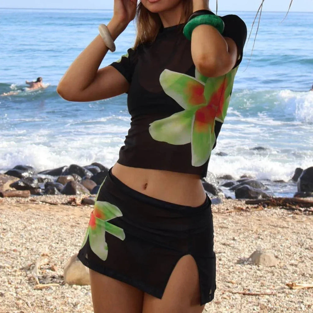 Beach Holiday 2 Piece Floral Print Sheer Mesh Short Sleeve T-Shirt + Mini A-Line Skirt Women Summer Cover-ups Crop Tops Outfits image 2