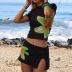 Beach Holiday 2 Piece Floral Print Sheer Mesh Short Sleeve T-Shirt + Mini A-Line Skirt Women Summer Cover-ups Crop Tops Outfits image 2