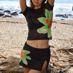 Beach Holiday 2 Piece Floral Print Sheer Mesh Short Sleeve T-Shirt + Mini A-Line Skirt Women Summer Cover-ups Crop Tops Outfits image 4