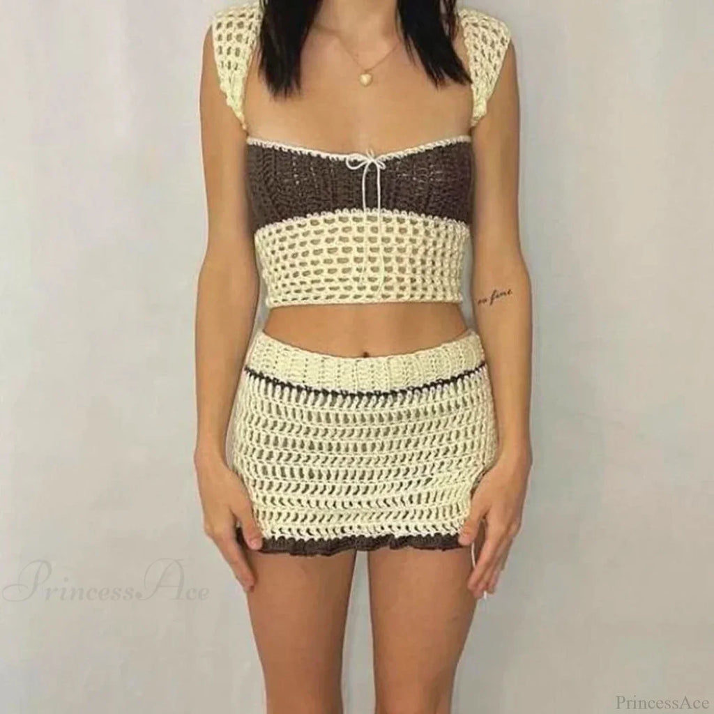 Beach Holiday 2 Piece Sets Crochet Hollow Out Crop Tops Backless Tie Up Knitted Tank Tops + Mini Pencil Skirt Y2K Vintage Outfit image 1
