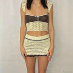 Beach Holiday 2 Piece Sets Crochet Hollow Out Crop Tops Backless Tie Up Knitted Tank Tops + Mini Pencil Skirt Y2K Vintage Outfit image 1