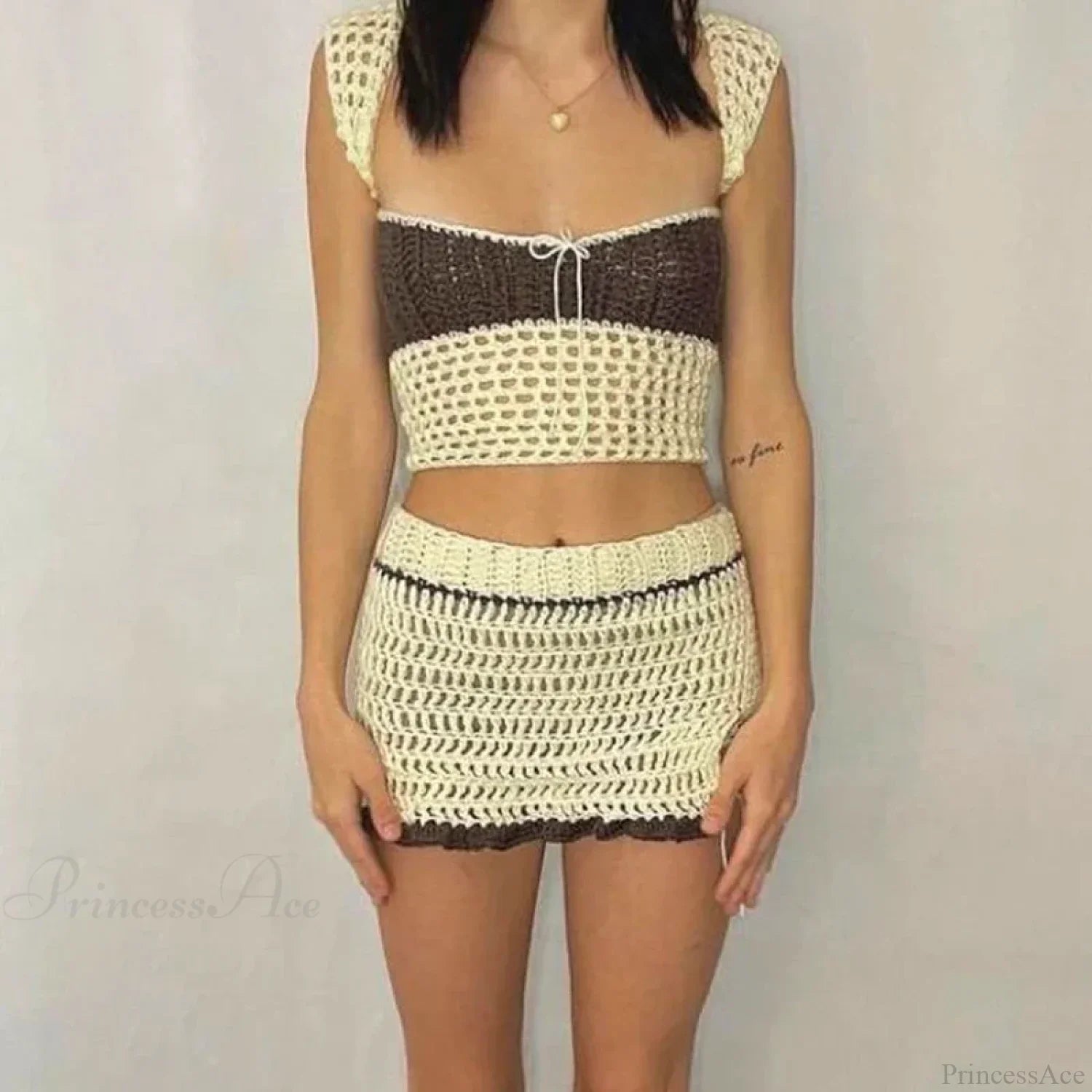 Beach Holiday 2 Piece Sets Crochet Hollow Out Crop Tops Backless Tie Up Knitted Tank Tops + Mini Pencil Skirt Y2K Vintage Outfit image 1