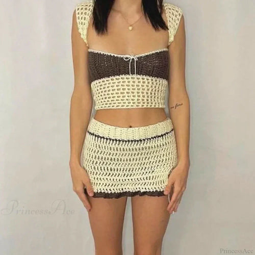 Beach Holiday 2 Piece Sets Crochet Hollow Out Crop Tops Backless Tie Up Knitted Tank Tops + Mini Pencil Skirt Y2K Vintage Outfit image 1