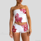 Beach Vacation Lounge Oufits 2 Pice Set Flower Print Strapless Crop Tube Tops Bandeau + Skinny Mini Skirt Wrap Bodycon Women image 5