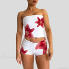 Beach Vacation Lounge Oufits 2 Pice Set Flower Print Strapless Crop Tube Tops Bandeau + Skinny Mini Skirt Wrap Bodycon Women image 1