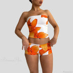 Beach Vacation Lounge Oufits 2 Pice Set Flower Print Strapless Crop Tube Tops Bandeau + Skinny Mini Skirt Wrap Bodycon Women image 4