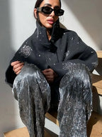 Beaded Flower Sequin Stand Collar Overcoat image 5