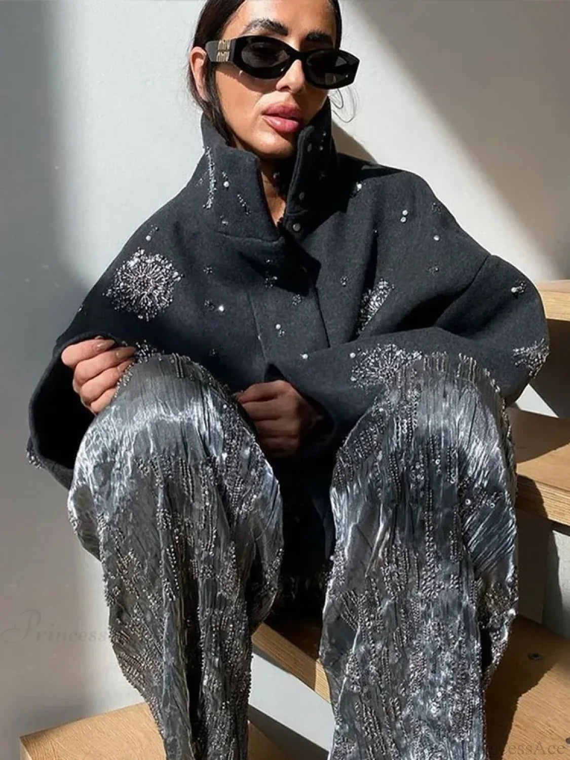 Beaded Flower Sequin Stand Collar Overcoat image 5