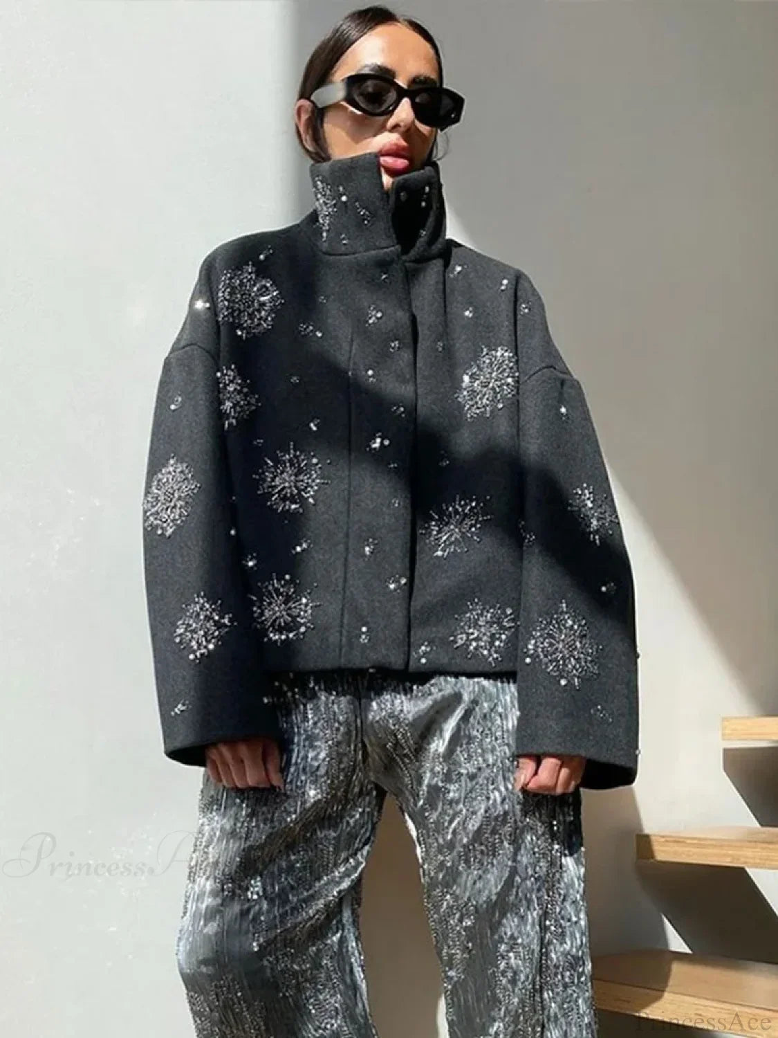Beaded Flower Sequin Stand Collar Overcoat image 4