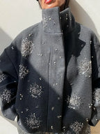 Beaded Flower Sequin Stand Collar Overcoat image 3