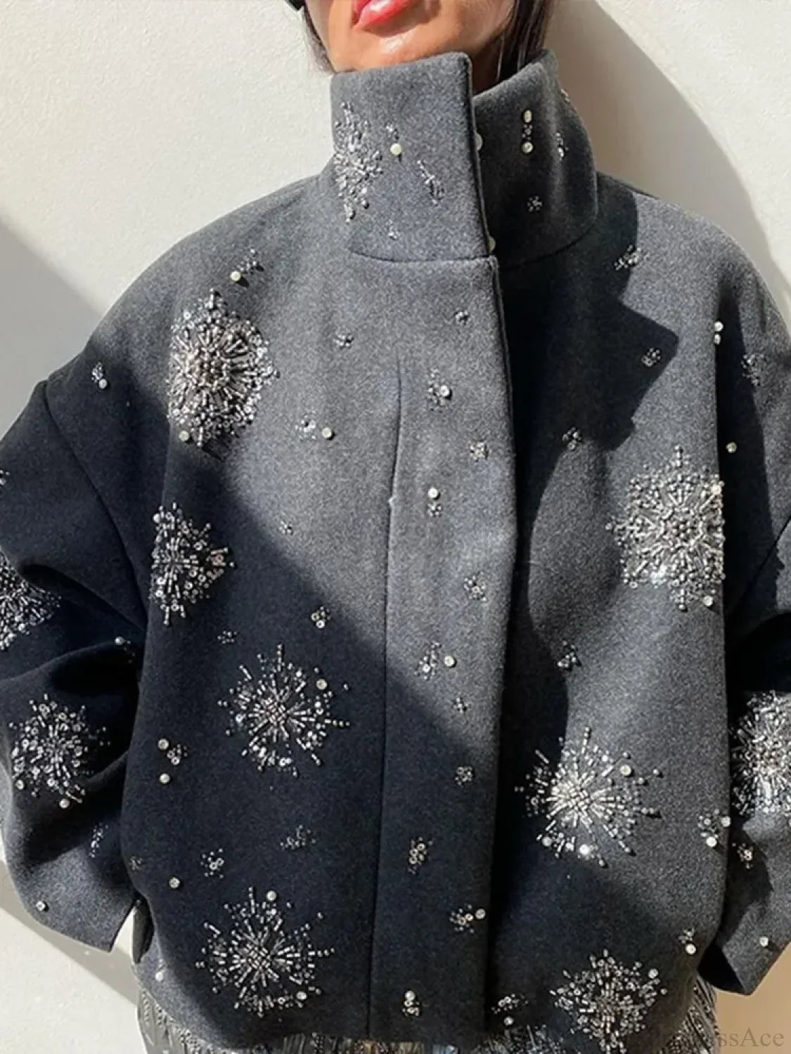 Beaded Flower Sequin Stand Collar Overcoat image 3