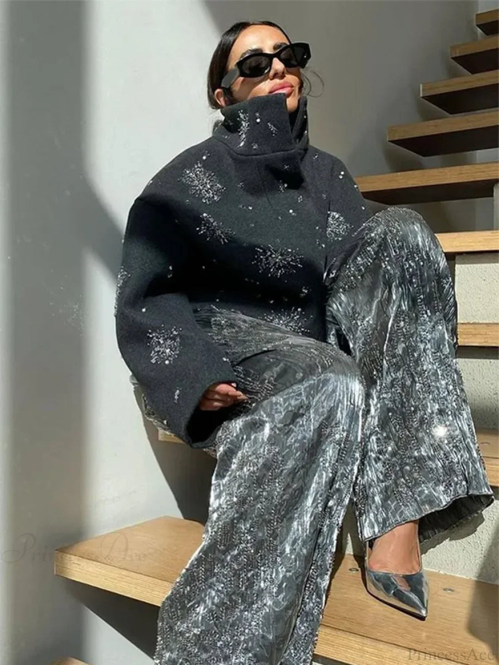 Beaded Flower Sequin Stand Collar Overcoat image 2