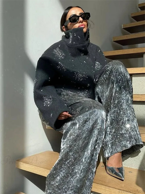 Beaded Flower Sequin Stand Collar Overcoat image 2