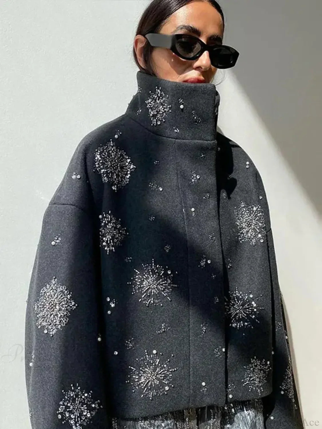 Beaded Flower Sequin Stand Collar Overcoat image 1
