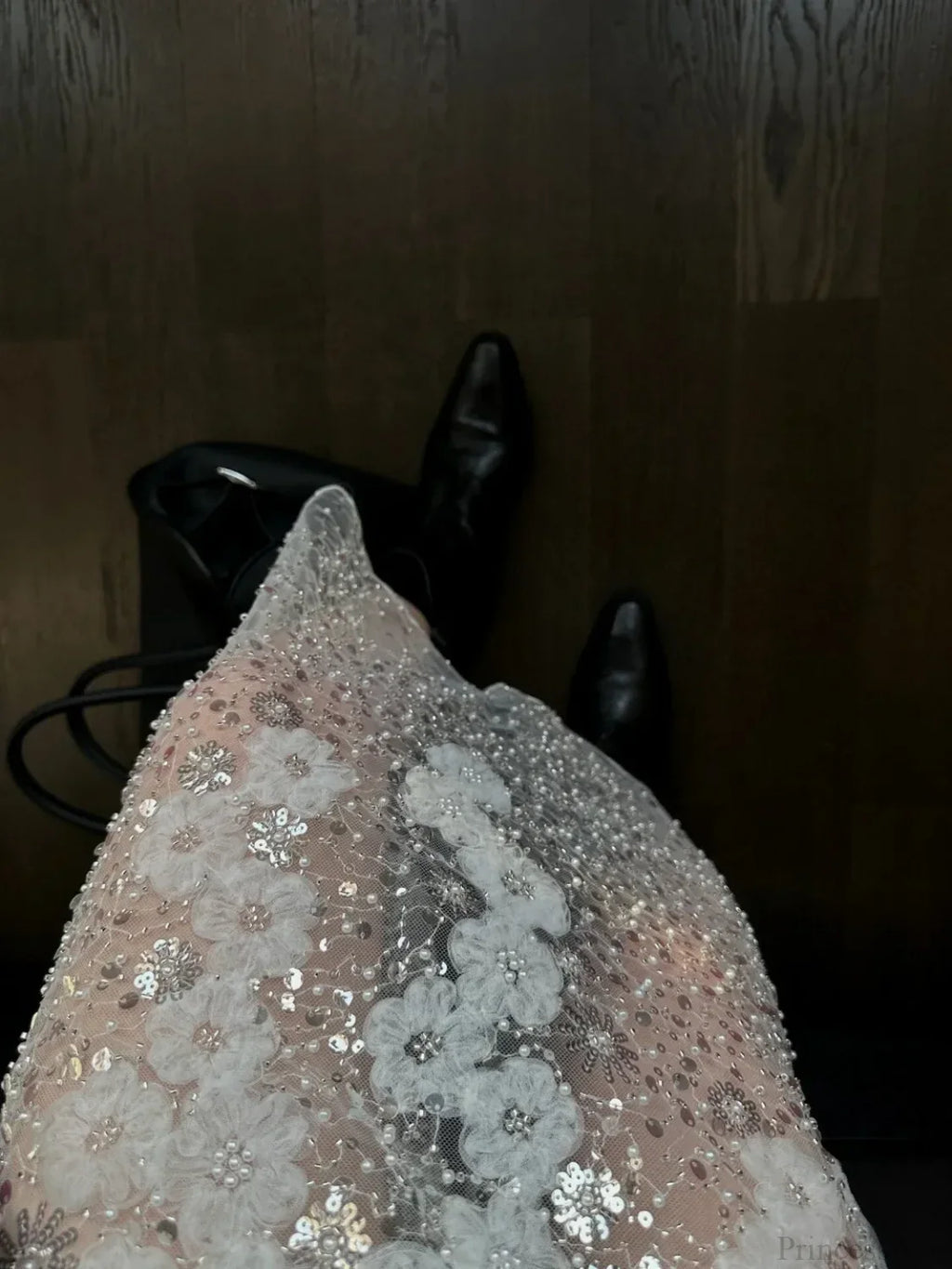 Beaded Sequin White Mesh A-Line Skirt image 3