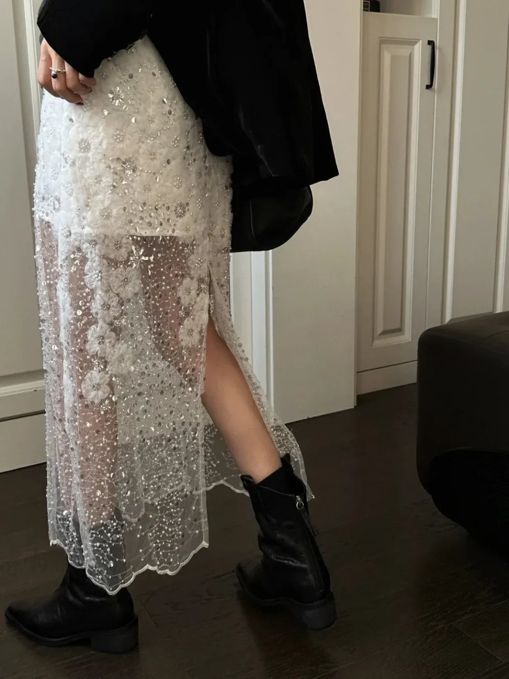 Beaded Sequin White Mesh A-Line Skirt image 1