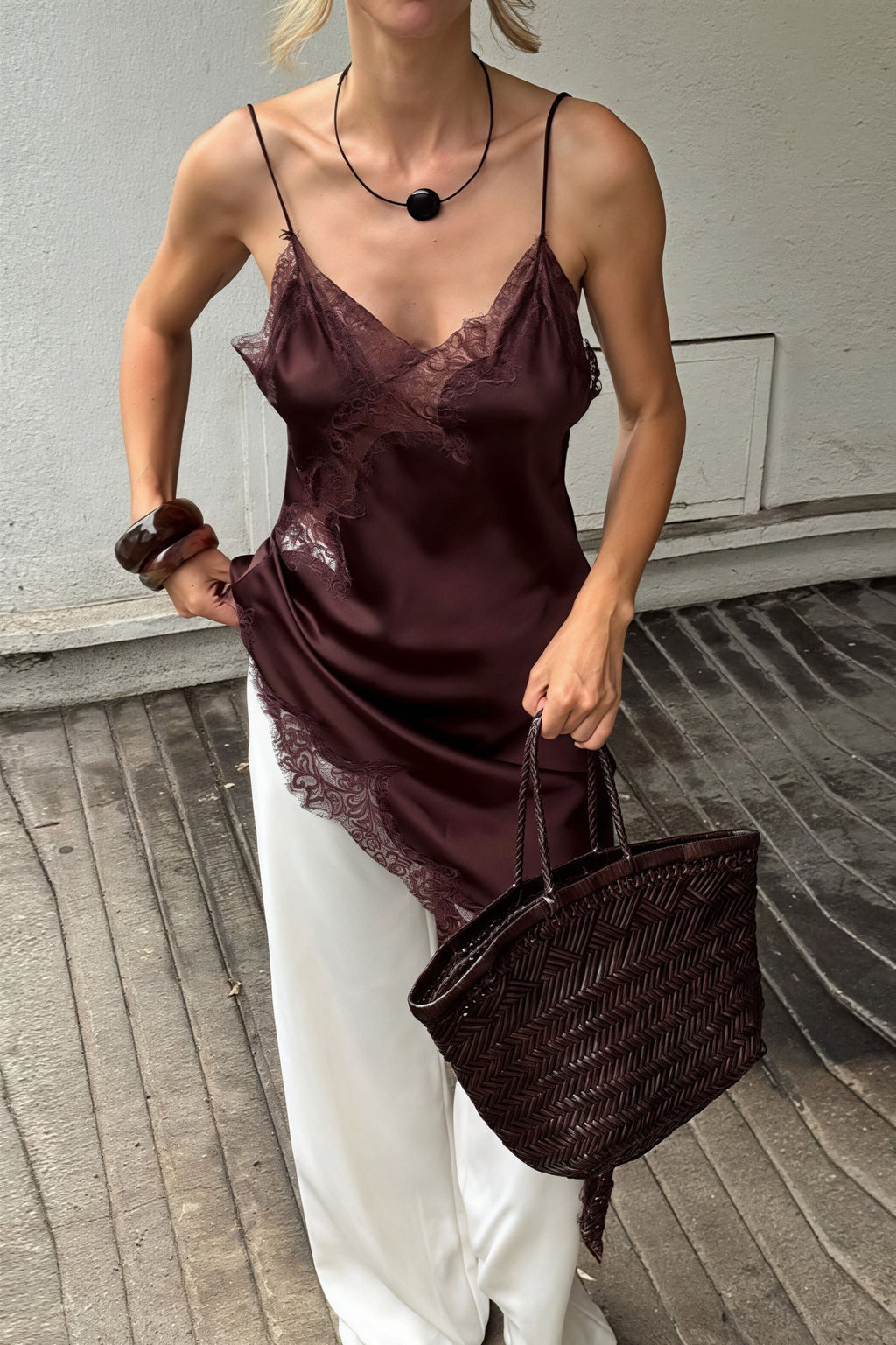Lace Trim Patchwork Low Cut Asymmetrical Slit Cami Top image 2
