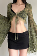Sheer V Neck Lace Flare Sleeve Blouse image 1