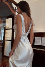 V Neck Backless Satin Lace Trim Waisted Midi Dress image 4