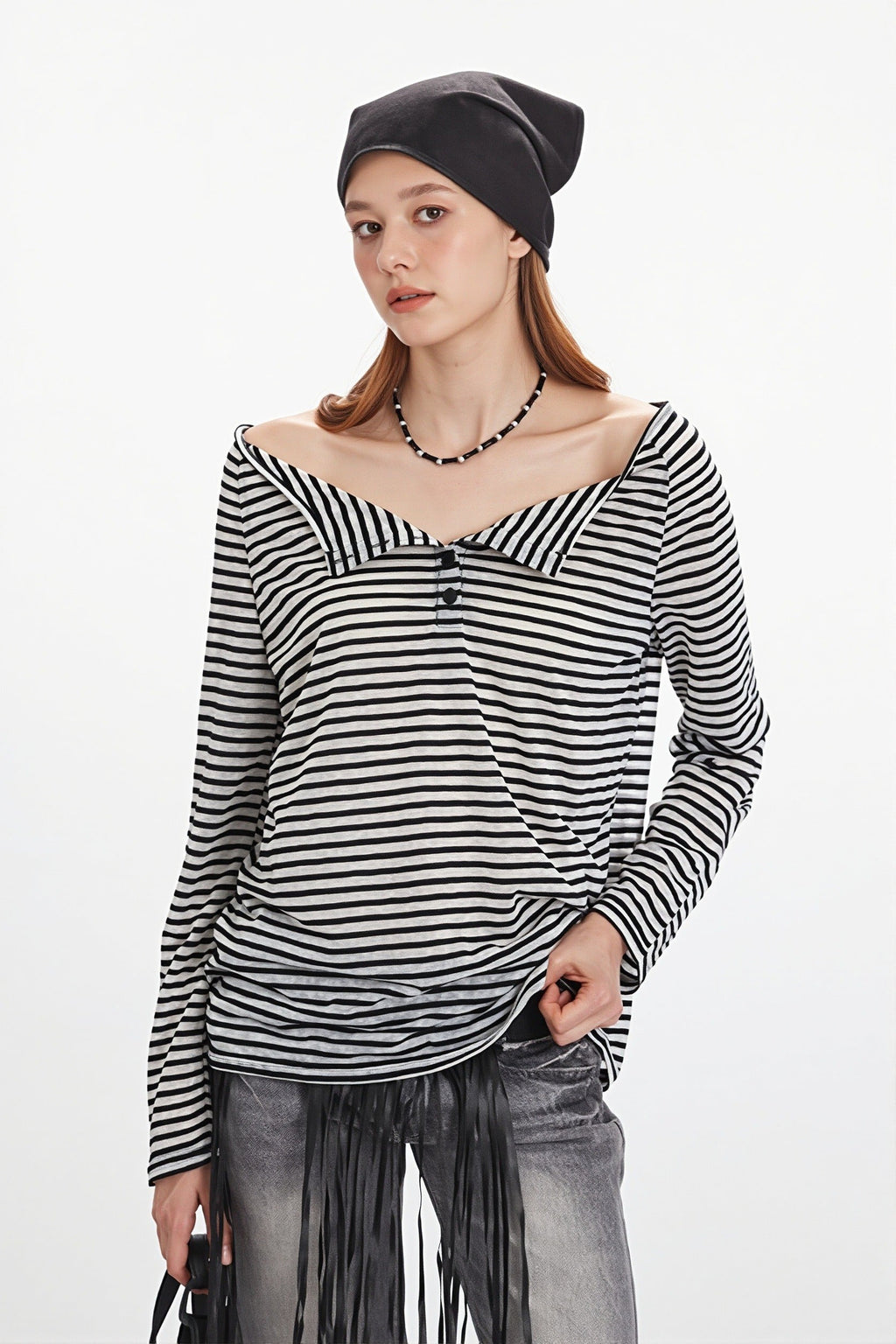 Striped Off Shoulder Long Sleeve T-shirt image 1